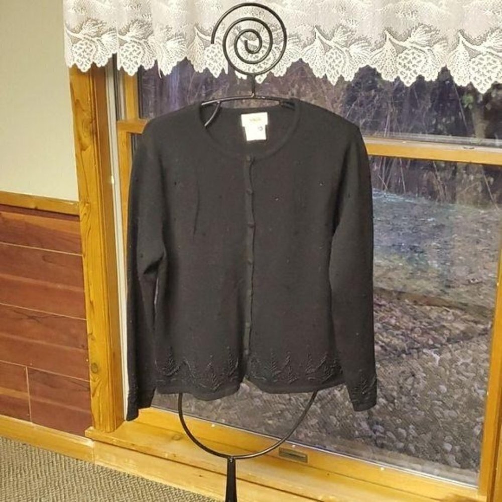 Talbots Embellished Beaded & Embroidered Sz. L 100% WOOL Black Holiday Cardigan